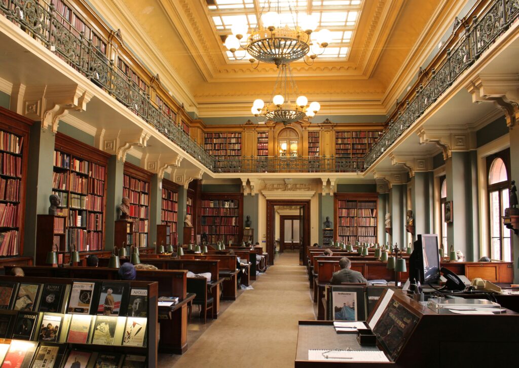 A grand library with warm ambiance